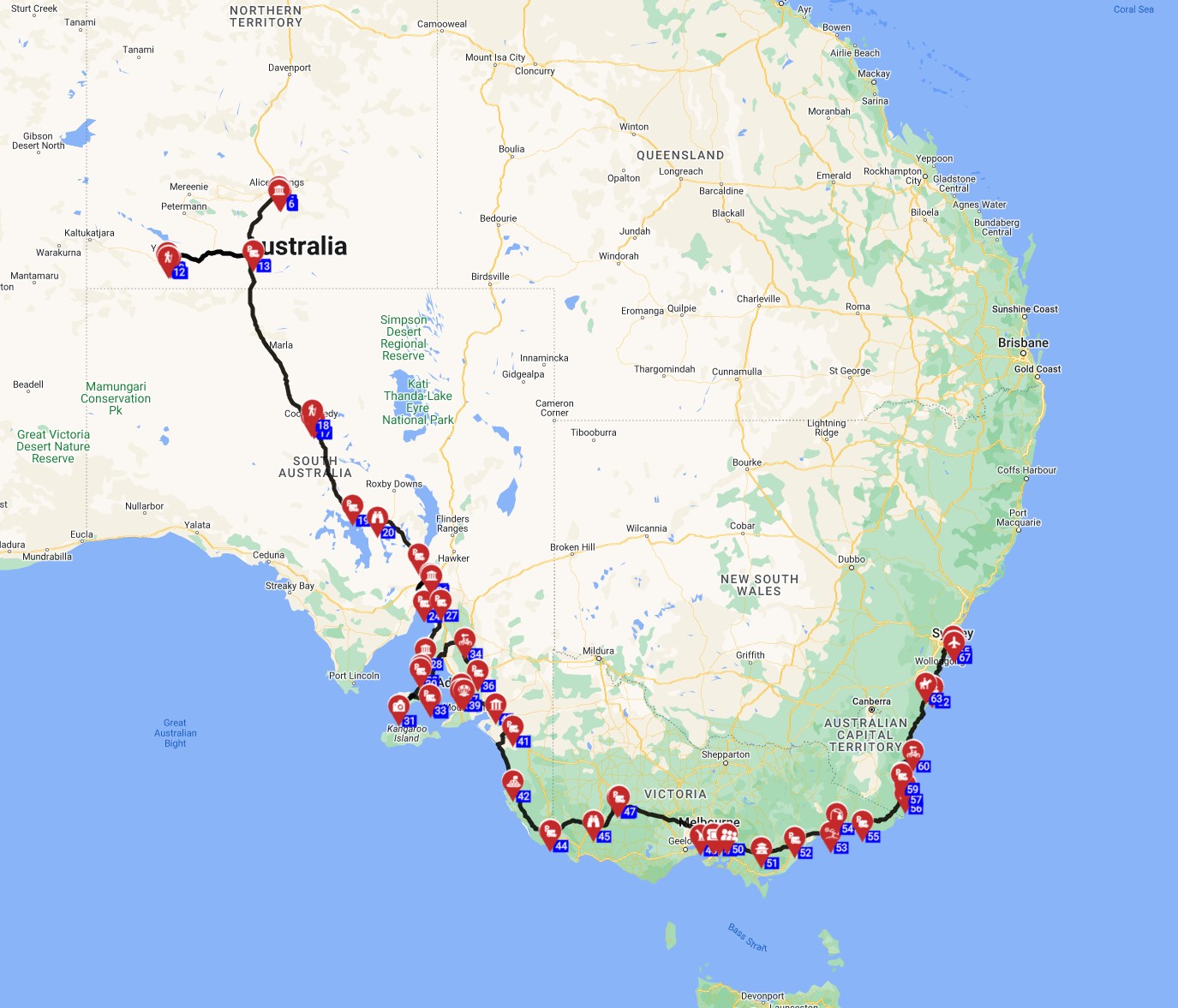 Map for Alice Springs to Sydney - Outback Odyssey to Sydney Shores